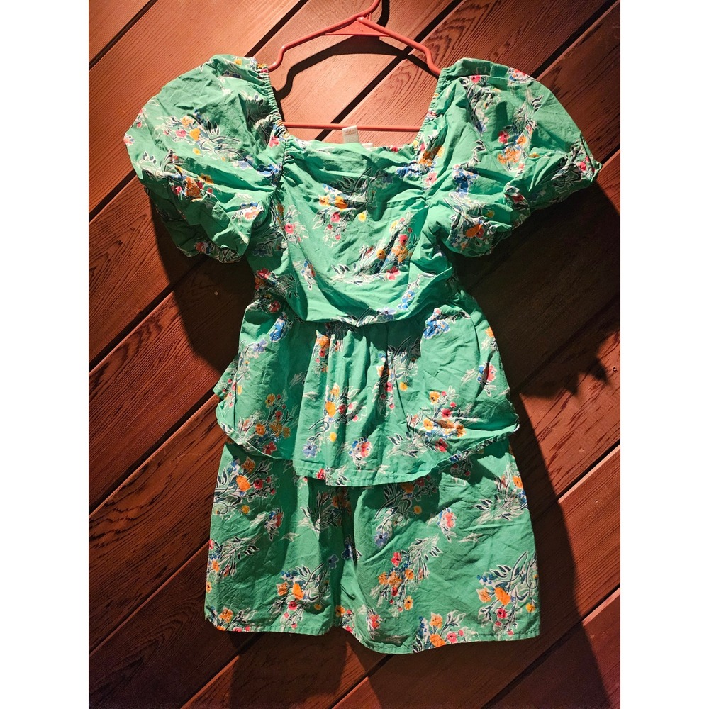 Cat & Jack Girls Green Floral Puff Sleeve Smocked Tiered Dress Size M 8